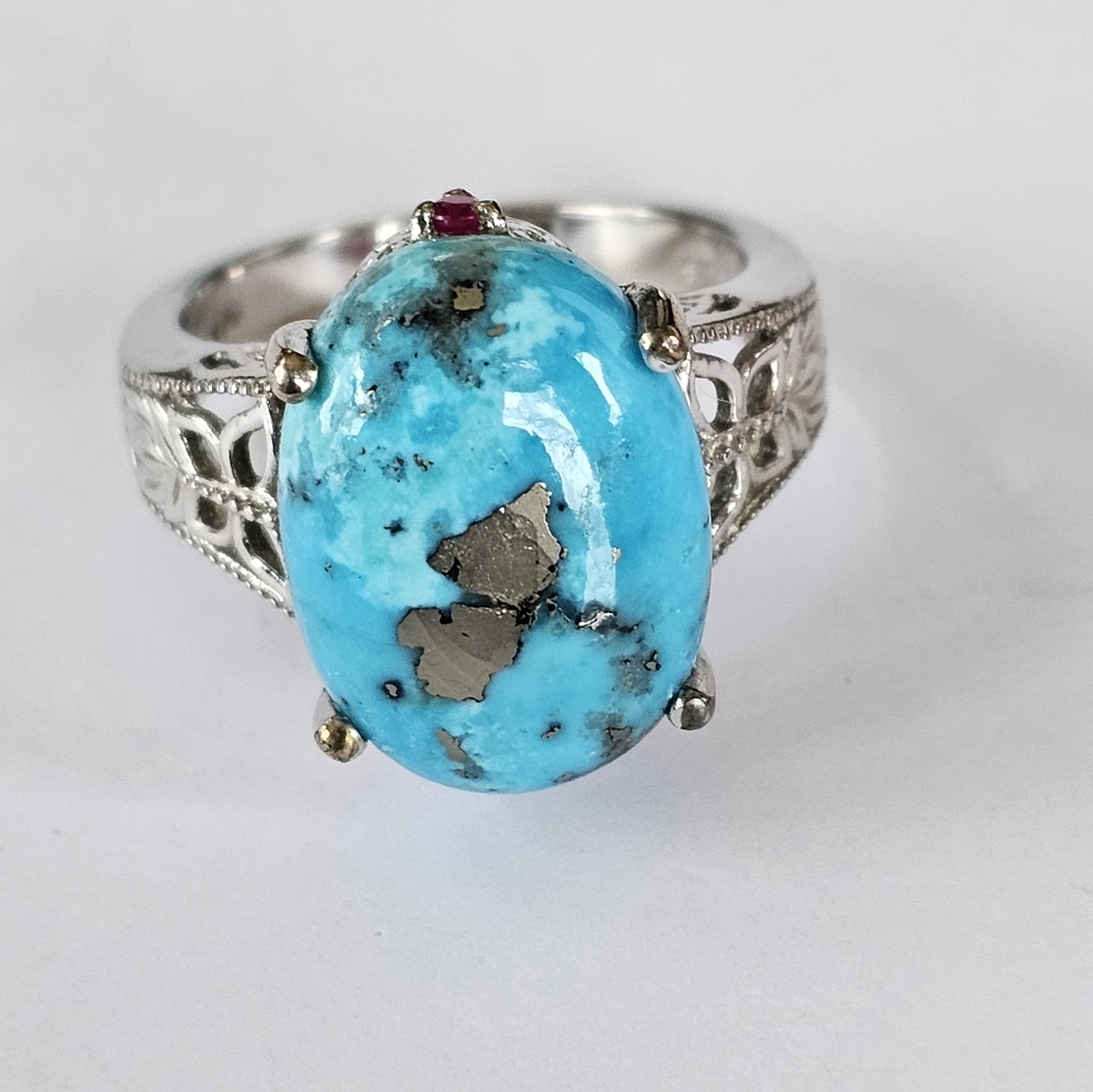 Genuine Turquoise w/Pyrite & Ruby Platinum/925 🦋 Size 9!